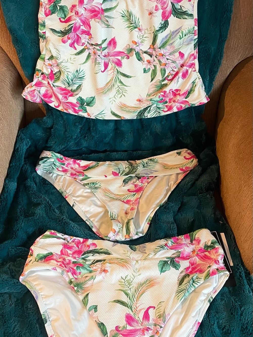 La Blanca Floral Tankini Set in White with Pink & Green Print in